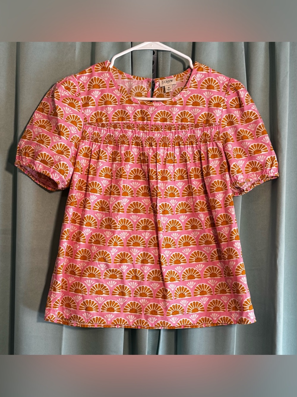 J.Crew Re-Imagined Pink Brown Fan Print Cotton Top Puff Sleeve Blouse Size S